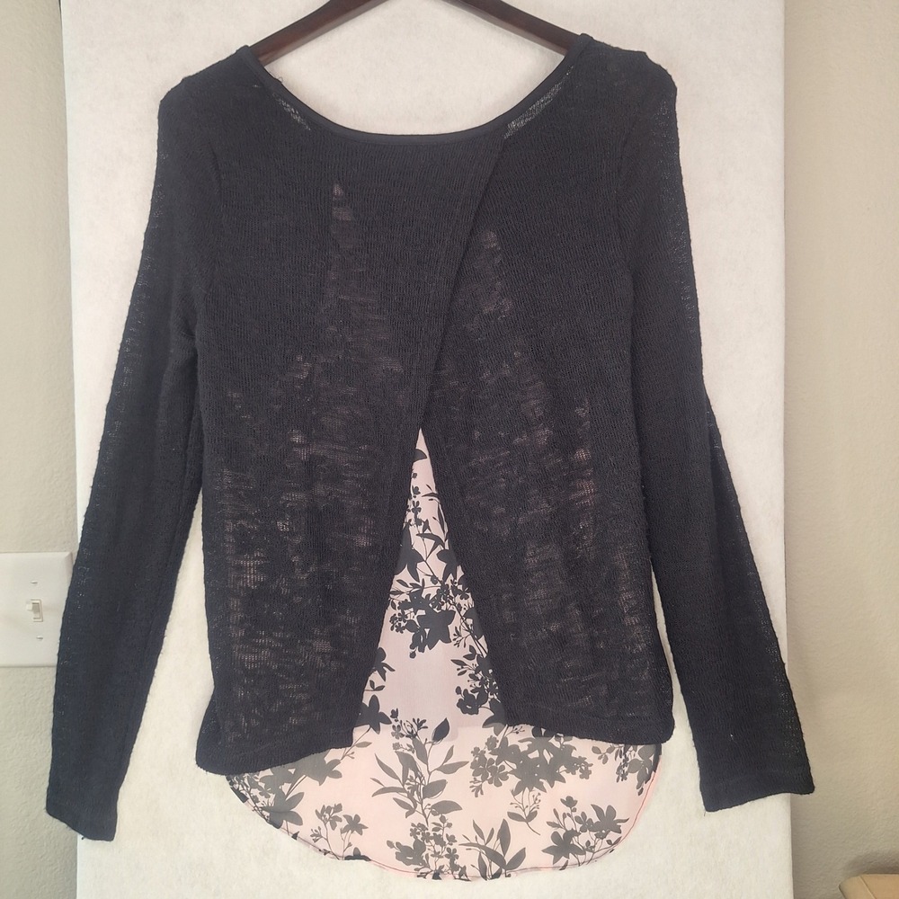 IZ Byer Women Medium Black Knit Layered Floral Back Split Long Sleeve Whimsigoth